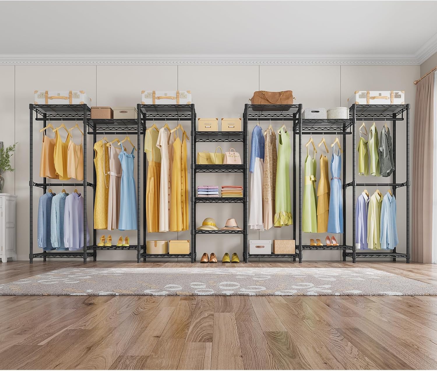 Portable Closet Wardrobe Heavy Duty Clothes Rack, with 4 Hang Rods & 8 Shelves, Adjustable Closet Racks, 68.9" L x 15.7" W x 76.4" H, Max Load 890LBS, Black