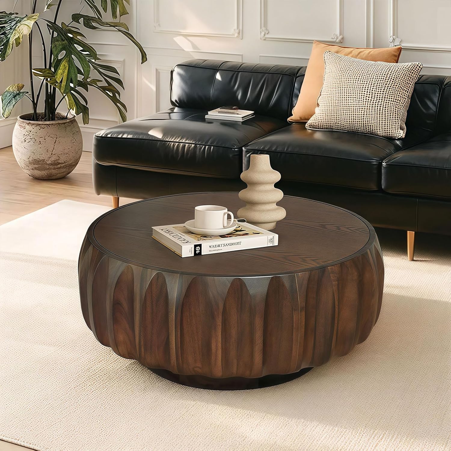 Nesting Coffee Table Set of 2, Round & Crescent Moon Wooden Coffee Tables, Modern Luxury Accent End Tea Table for Living Room Apartment (Black-Round)