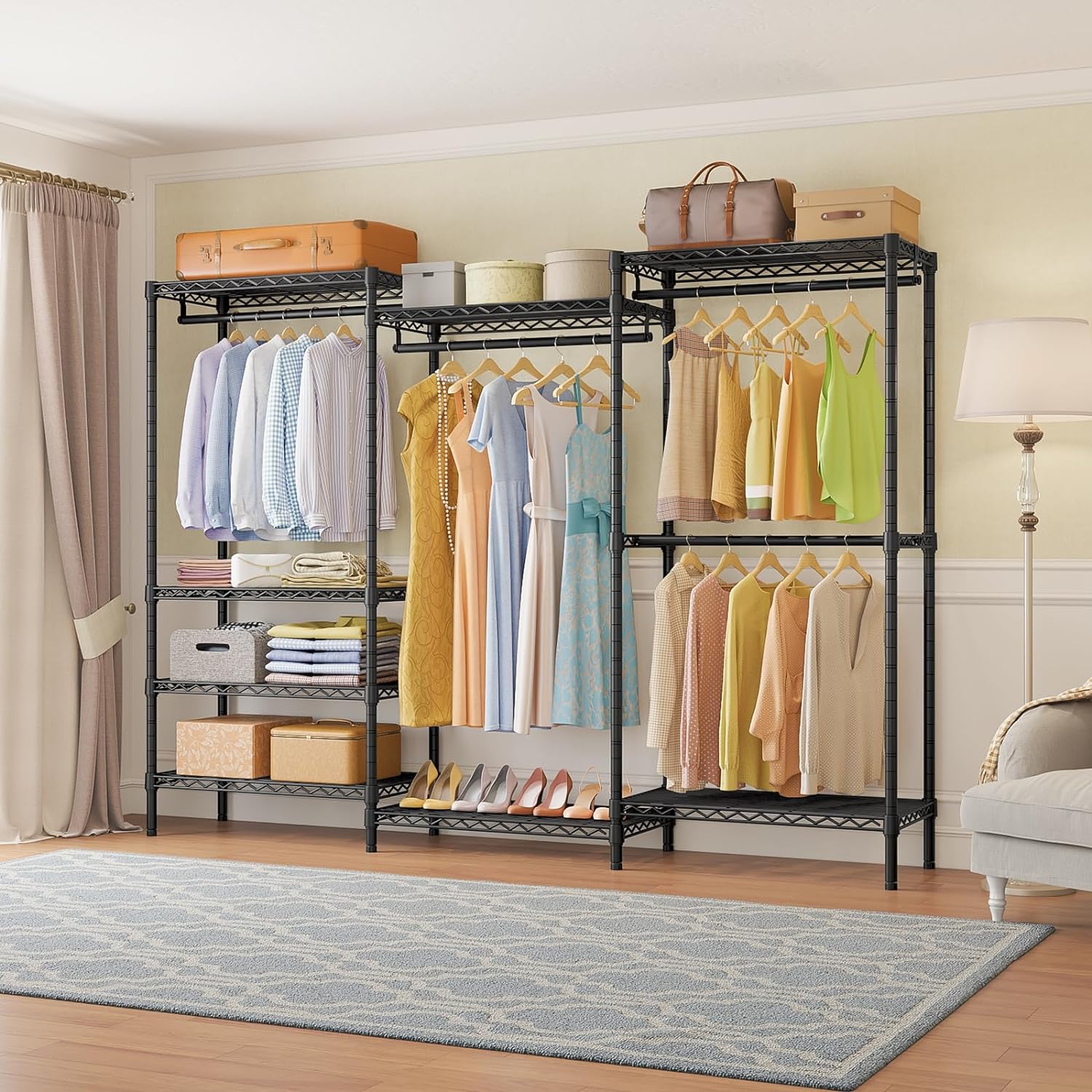 Portable Closet Wardrobe Heavy Duty Clothes Rack, with 4 Hang Rods & 8 Shelves, Adjustable Closet Racks, 68.9" L x 15.7" W x 76.4" H, Max Load 890LBS, Black