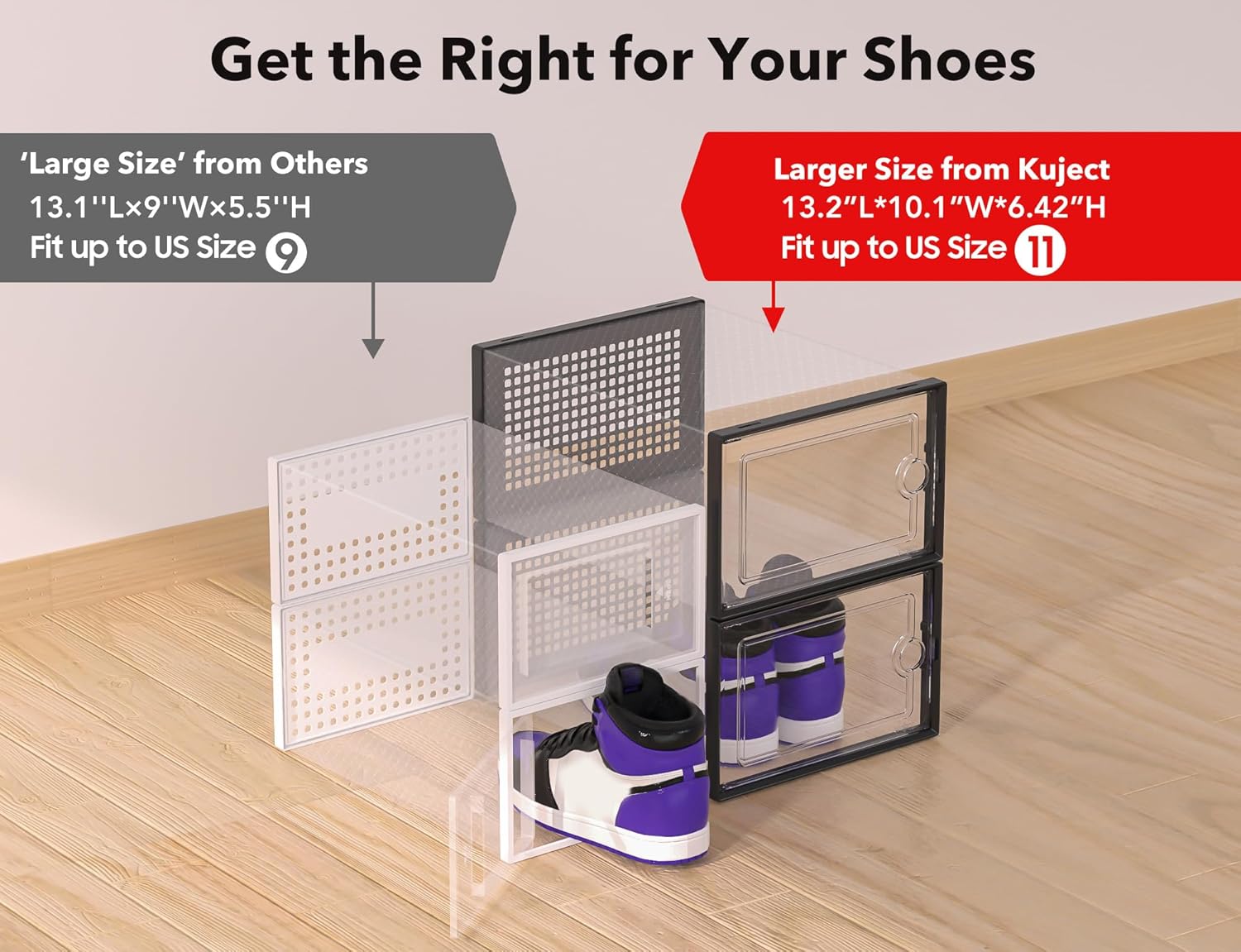 Large Shoe Storage Boxes Organizers Clear Plastic Stackable 12 Pack, Shoe Rack & Holder Substitute, Sneaker Containers, Toy Storage Organizer Bins for Entryway, Closet, Under Bed, Black