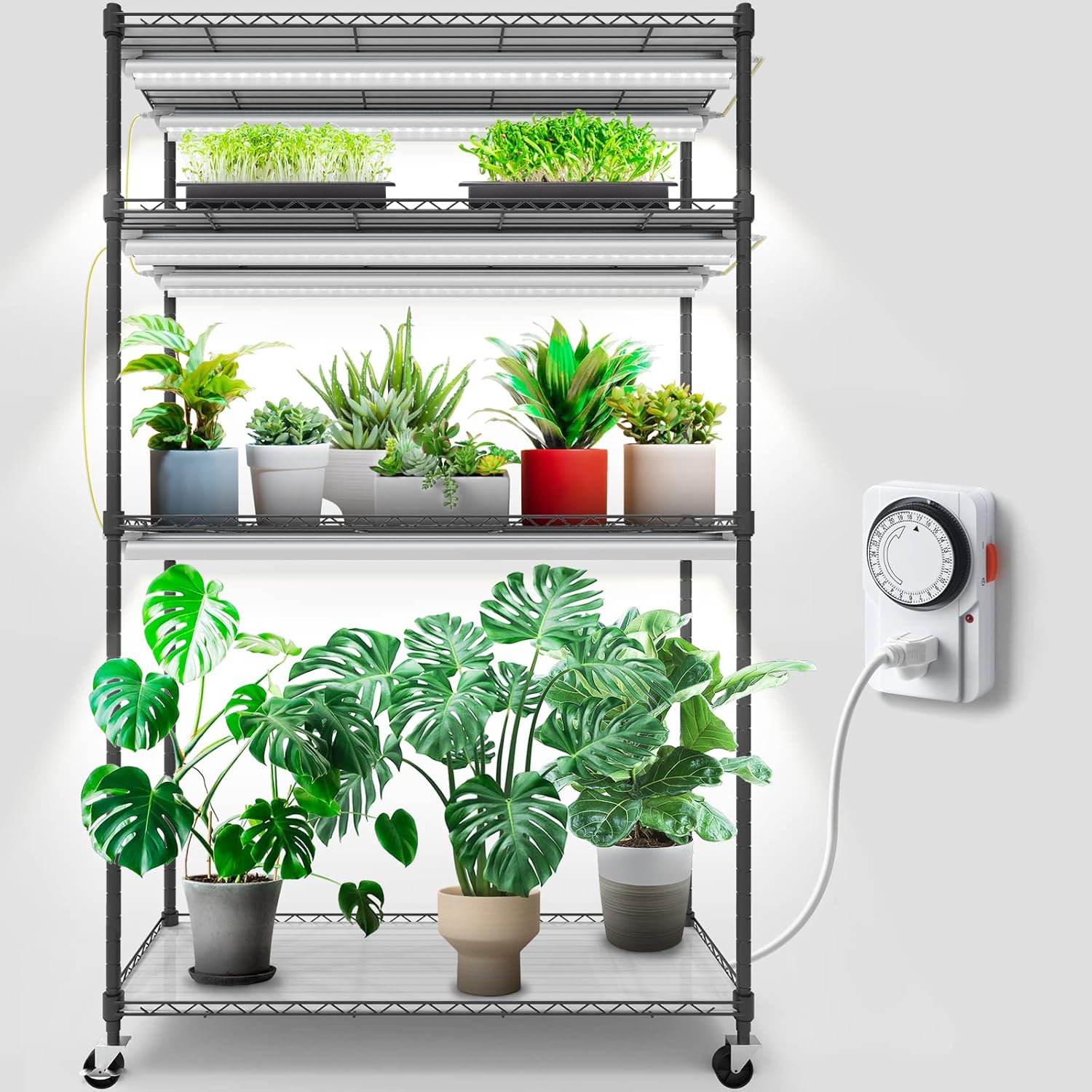 Mini Greenhouse with LED Grow Light for Indoor Plant, 4-Tier Portable Metal Plant Stand with Wheels, Plant Shelf with Tent, 6Pcs Plant Light with Timer and Thermo-Hygrometer, 35.4x13.8x59IN