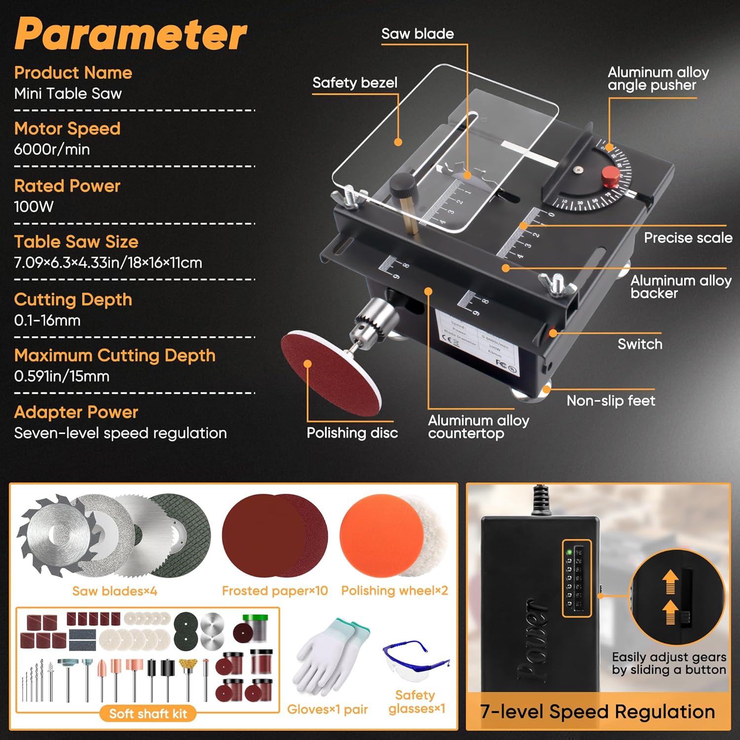 Mini Table Saw, Mini Multi-Functional Table Saw for Crafts, Speed & Angle Adjustable, Cutting | Sanding | Engraving | Drilling All-in-One Machine, for Wood/PCB/Acrylic/Plastic (Liftable & Dark Gray)