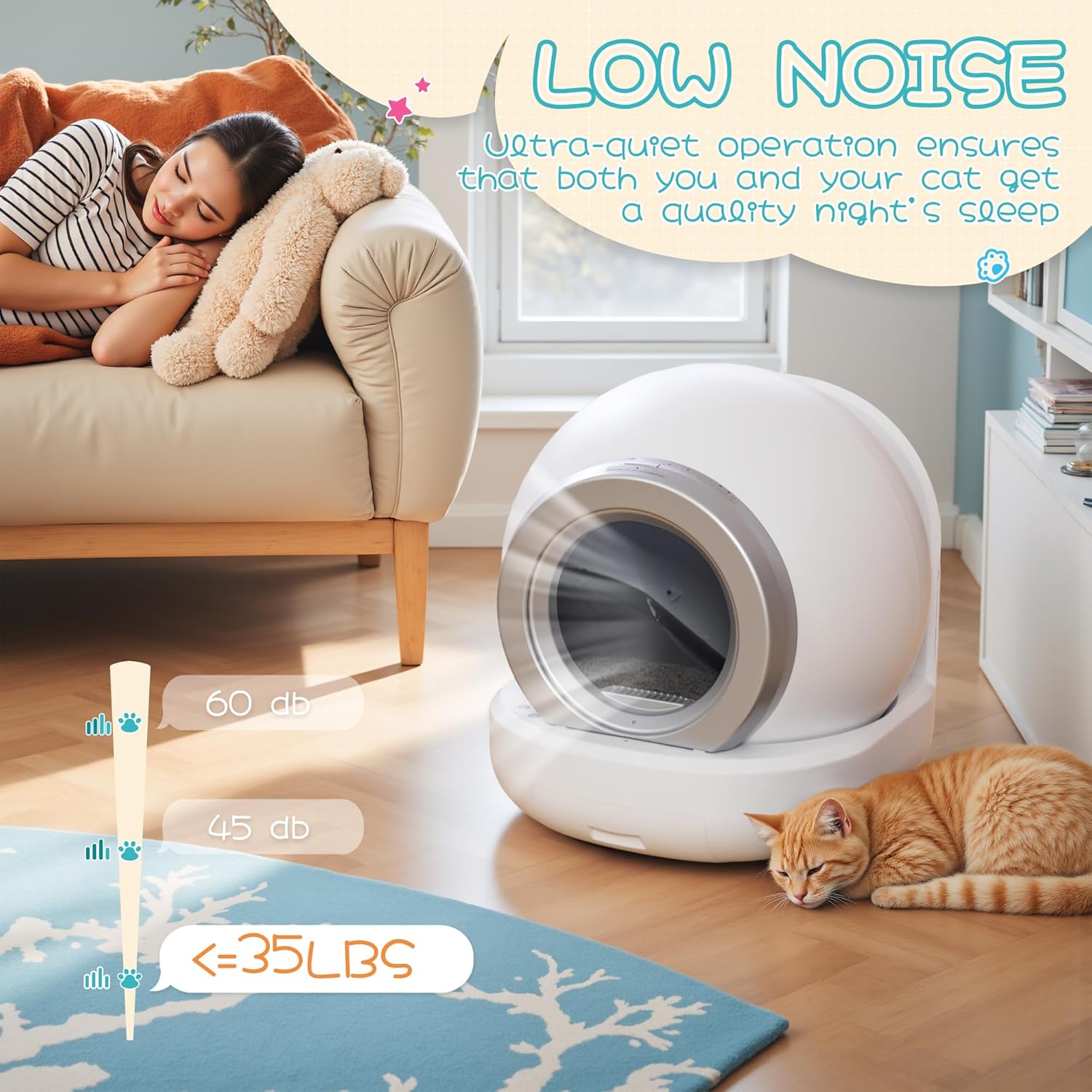 65L Large Automatic Cat Litter Box Self-Cleaning for Multiple Cats with APP Control/Odor Control/Low Noise/Safety/Mat and 2 Garbage Bags (White) Self Cleaning Litter Box,