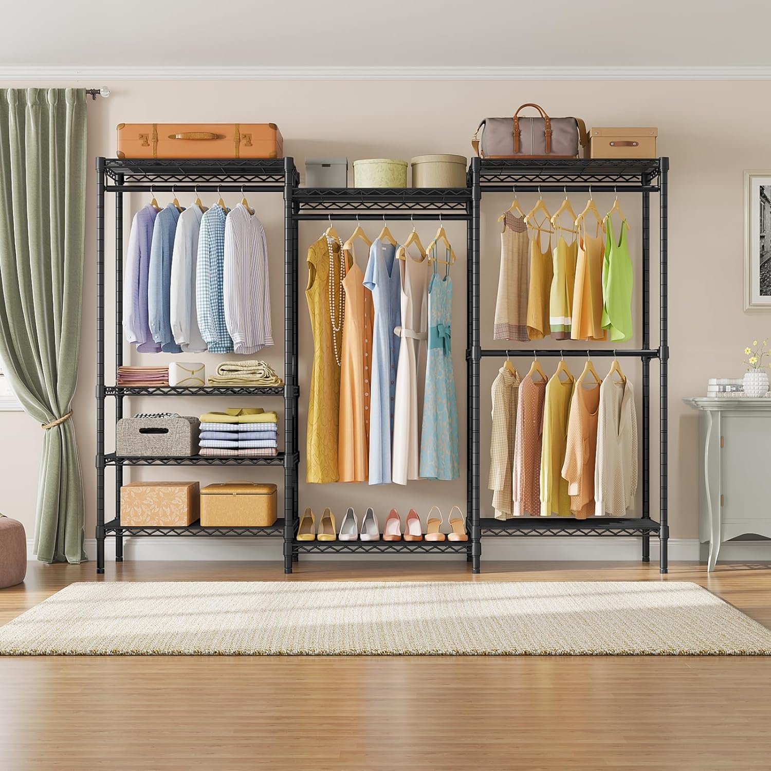 Portable Closet Wardrobe Heavy Duty Clothes Rack, with 4 Hang Rods & 8 Shelves, Adjustable Closet Racks, 68.9" L x 15.7" W x 76.4" H, Max Load 890LBS, Black