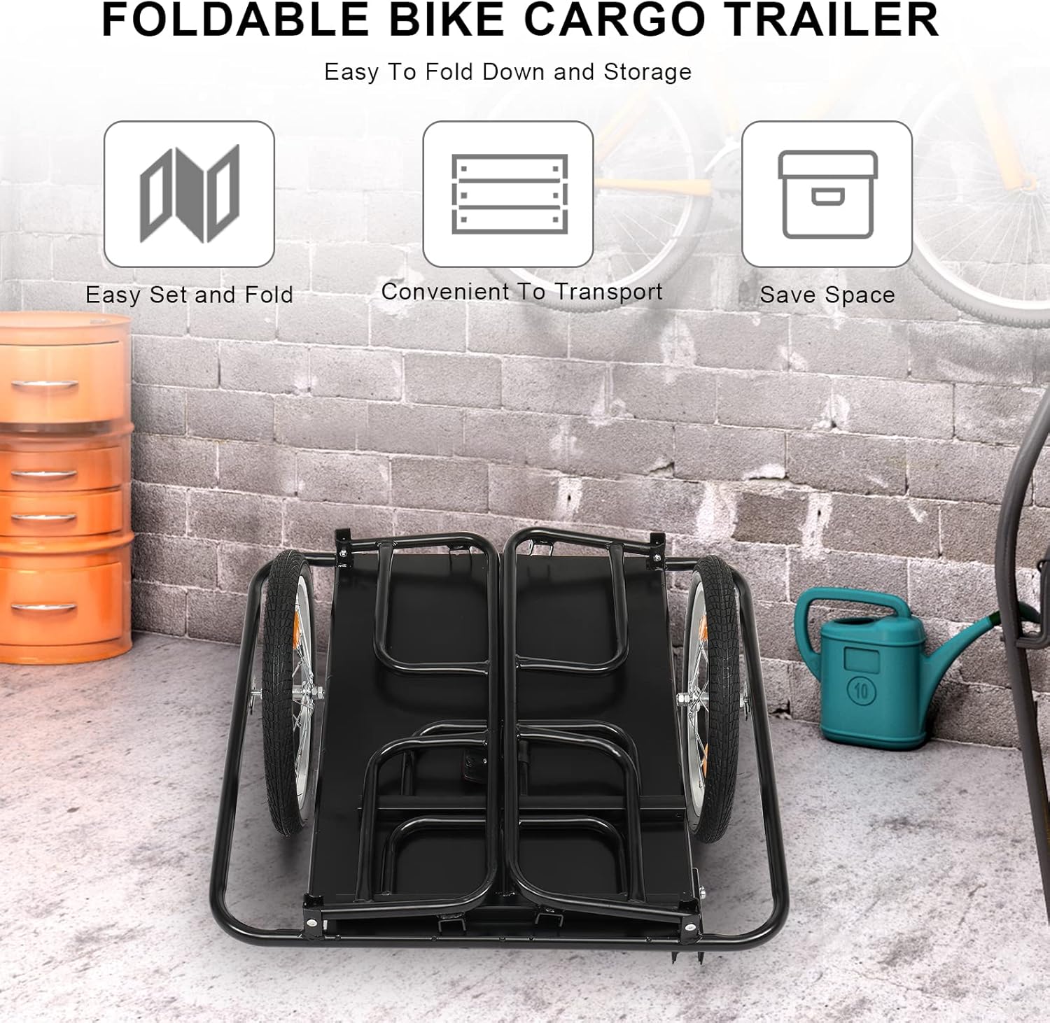 Foldable Bike Cargo Trailer with Universal Bike Hitch, 16" Wheels & Reflectors, Large Loading Storage Cart