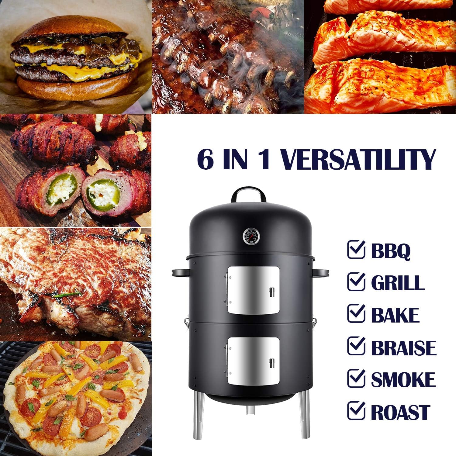 Vertical 17 Inch Steel Charcoal Smoker, Heavy Duty Round BBQ Grill for Outdoor Cooking, Black