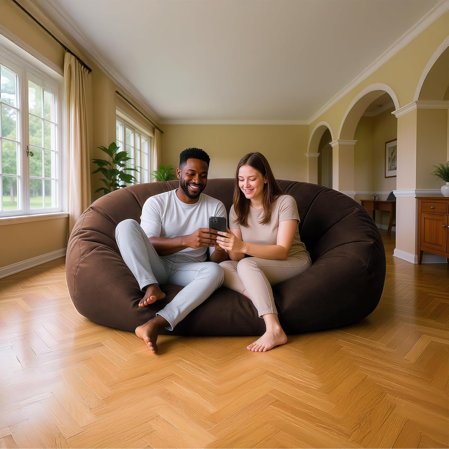 Luxurious Giant 7ft Bean Bag Chair with Microsuede Cover - Ultra Soft, Foam Filling, Washable XXL Bean Bag Sofa for Kids, Teenagers, Adults - Sack Chair for Dorm, Family Room - Brown