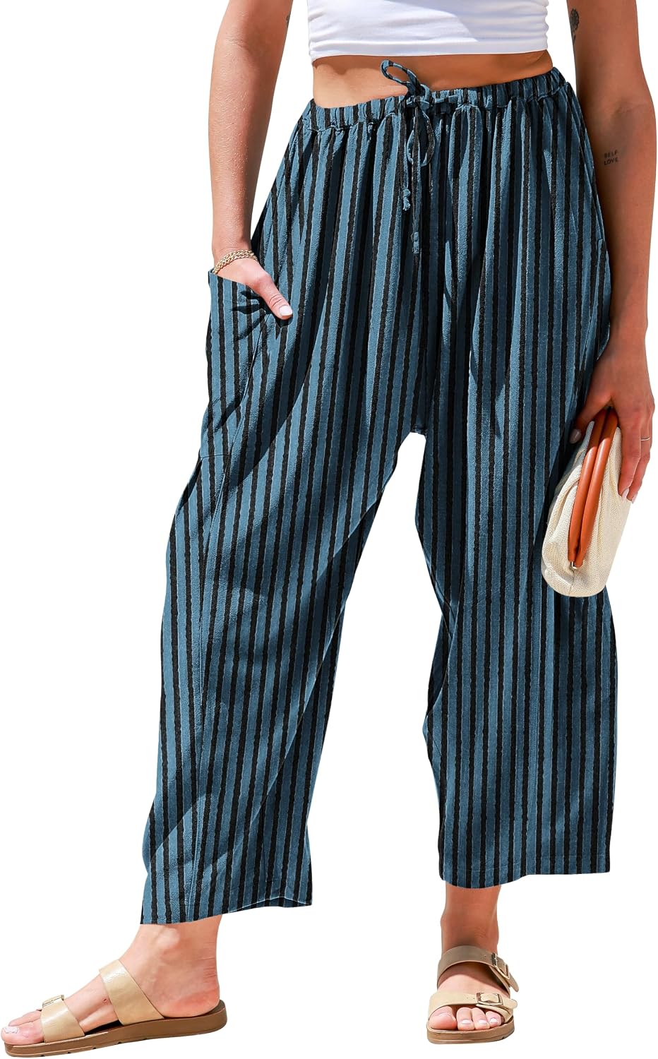Womens Linen Wide Leg Pants Casual Loose Drawstring Low Waist Beach Palazzo Harem Pants with Pockets