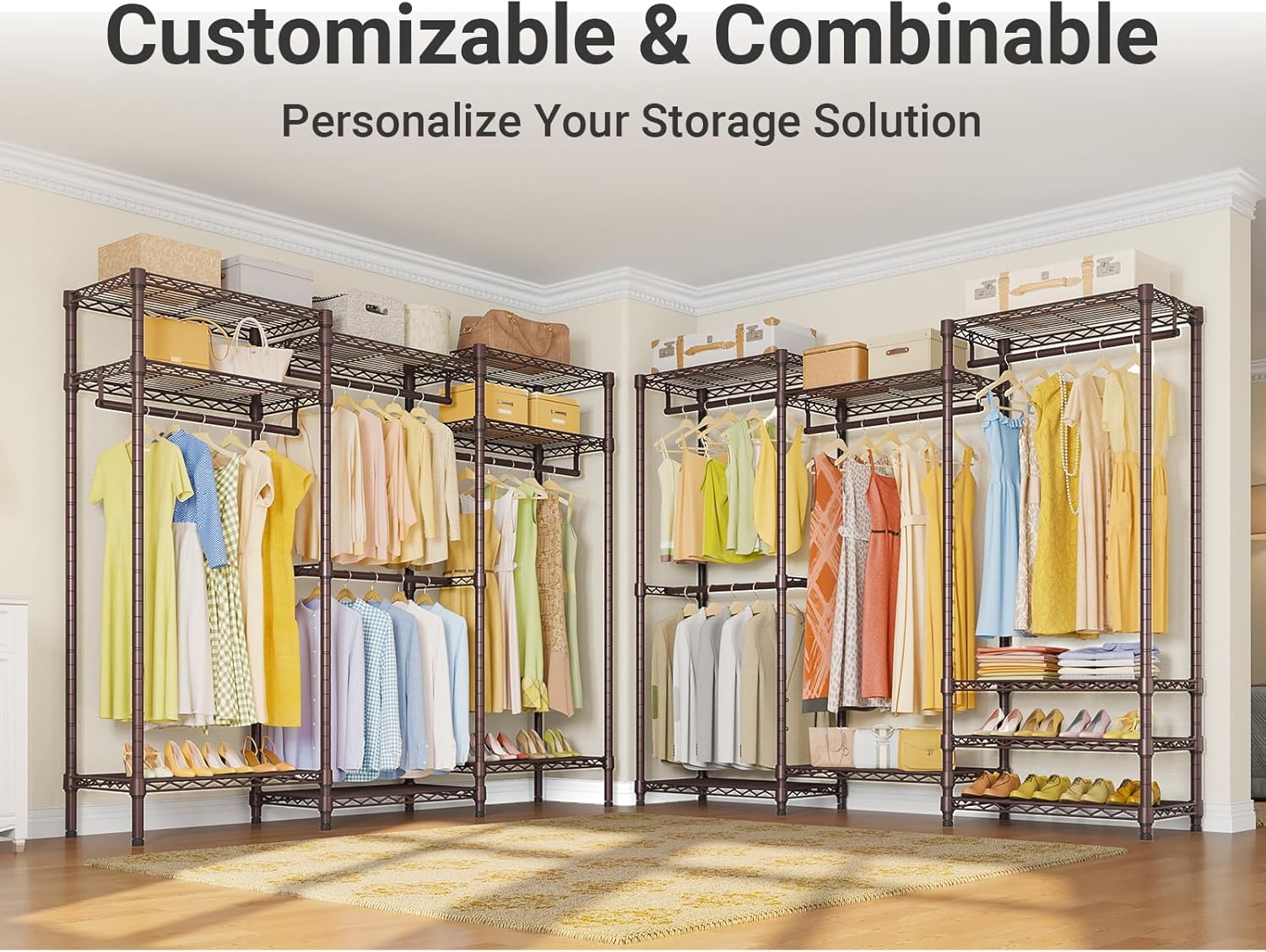 Portable Closet Wardrobe Heavy Duty Clothes Rack, with 4 Hang Rods & 8 Shelves, Adjustable Closet Racks, 68.9" L x 15.7" W x 76.4" H, Max Load 890LBS, Black