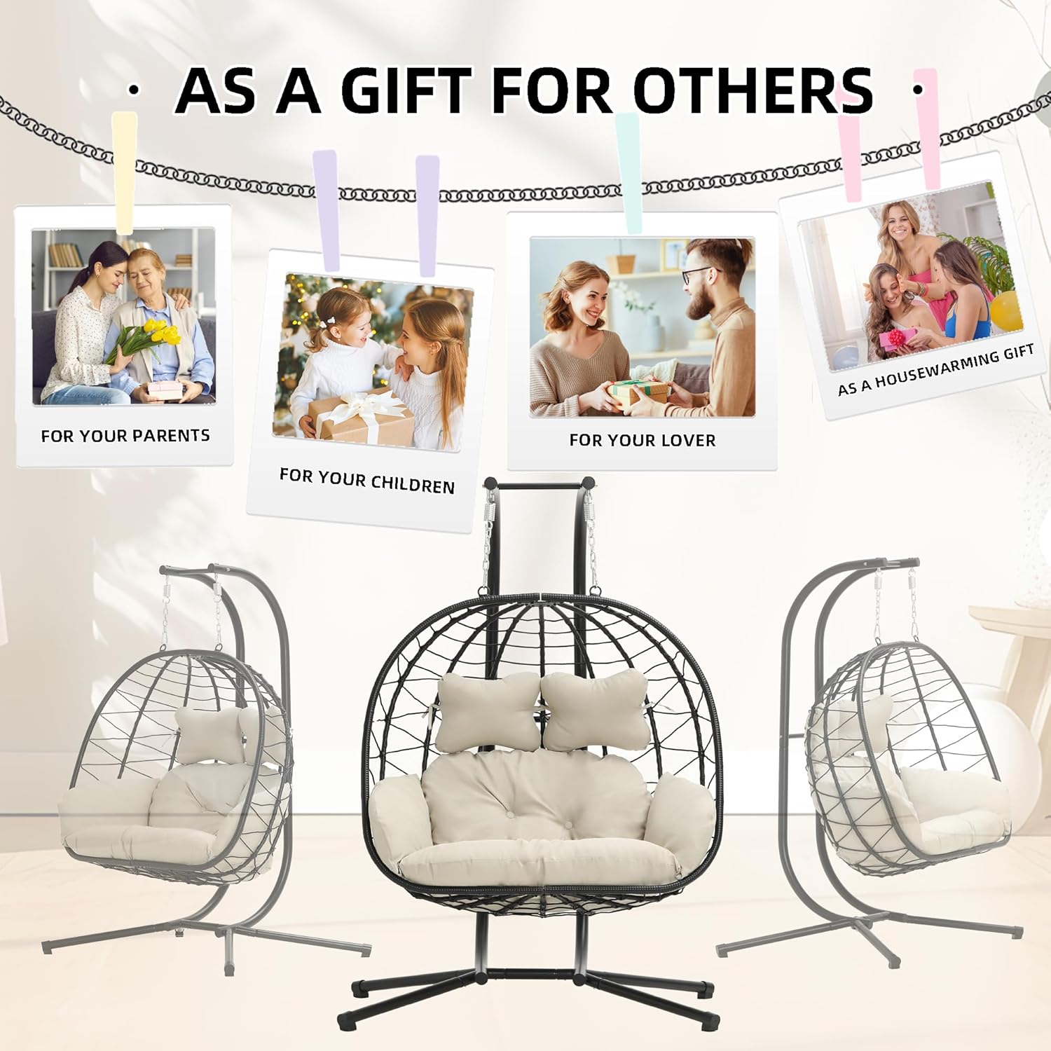 Esmlada Double Indoor/Outdoor Wicker Swing Egg Chair Hammock Foldable Hanging Loveseat with Stand, UV Resistant Removable Cushions, 700LB Capacity for Bedroom, Balcony, Garden (Black and Beige)