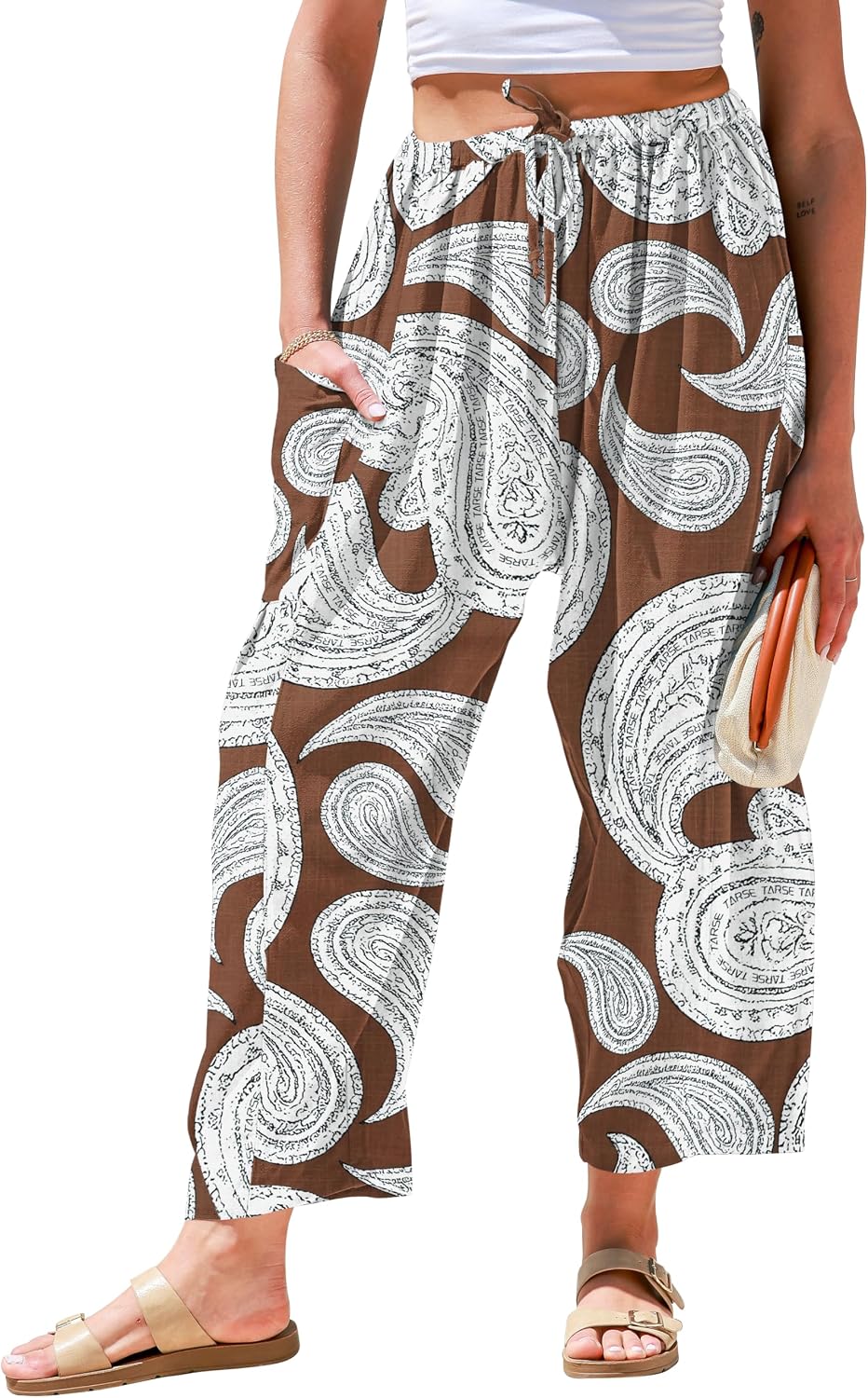 Womens Linen Wide Leg Pants Casual Loose Drawstring Low Waist Beach Palazzo Harem Pants with Pockets