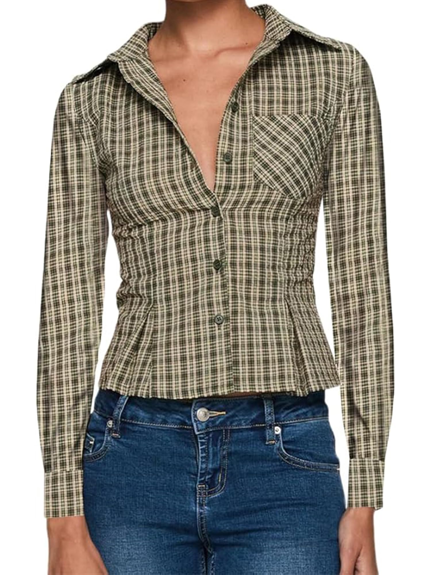 Women's Basic Button Down Shirts Long Sleeve V Neck Lapel Collar Tight Blouse Slim Fit Tops Casual Office Shirt - D-green