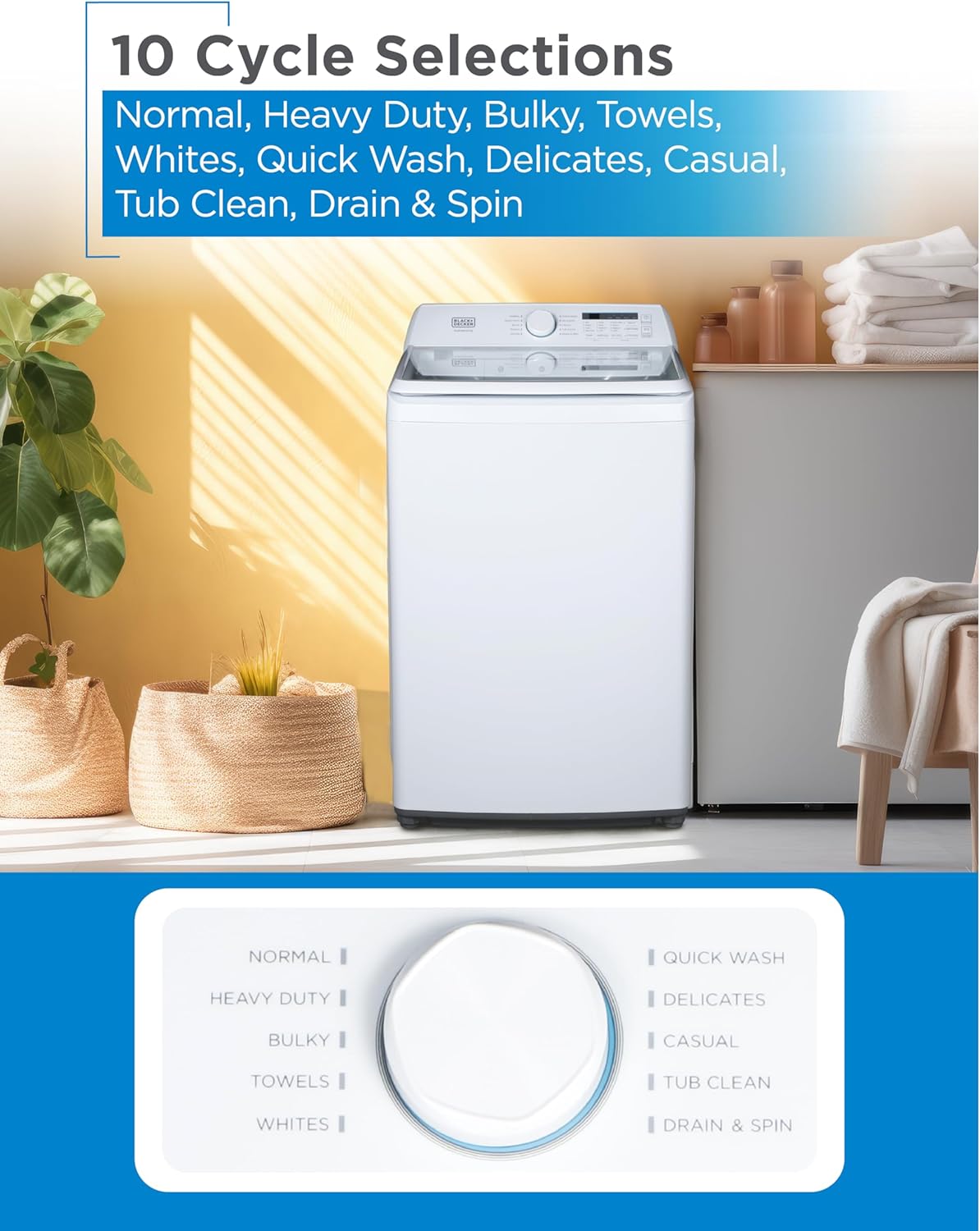 BLACK+DECKER 0.9 Cu. Ft. Portable Washer, 6.6 lb. Capacity Washing Machine for Homes & Apartments, 5 Wash Cycles, Quick Connect Sink Adapter and Drain Hose Included, Transparent Lid, BPWM09W, White
