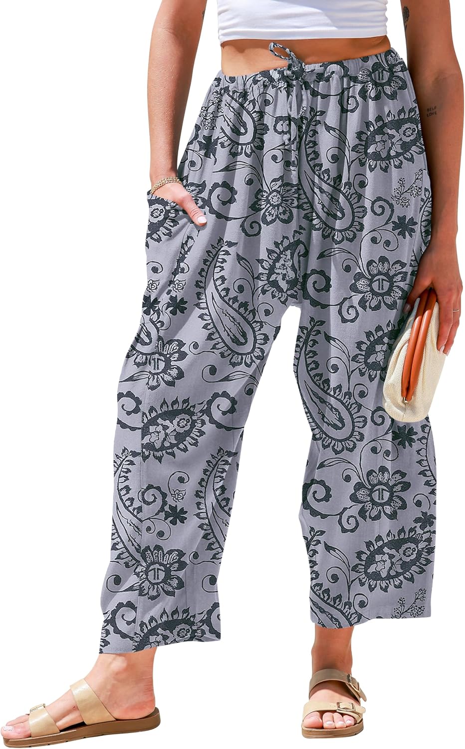 Womens Linen Wide Leg Pants Casual Loose Drawstring Low Waist Beach Palazzo Harem Pants with Pockets
