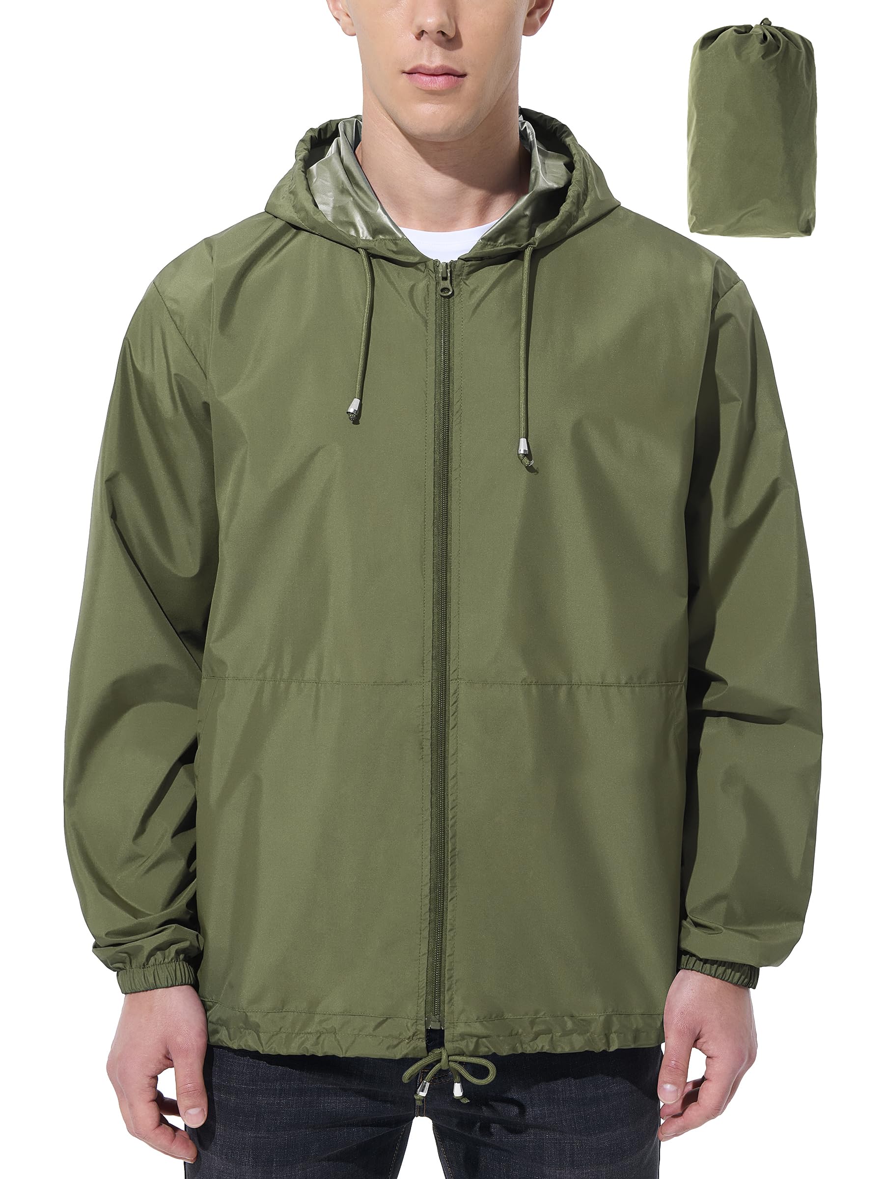 UIQUR Men Waterproof Raincoat Windbreaker Lightweight Packable Rain Jacket - Army Green