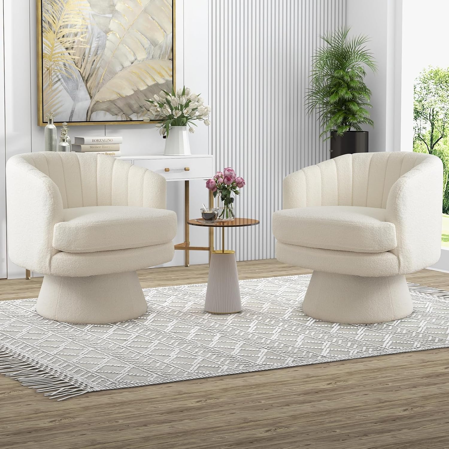  Swivel Accent Chair with Armrest, Modern 360 Degree Swivel Barrel Chair with Curve Back and Soft Cushion,Comfy Round Sherpa Teddy Armchair Single Sofa for Living Room,Bedroom,Waiting Room,Beige