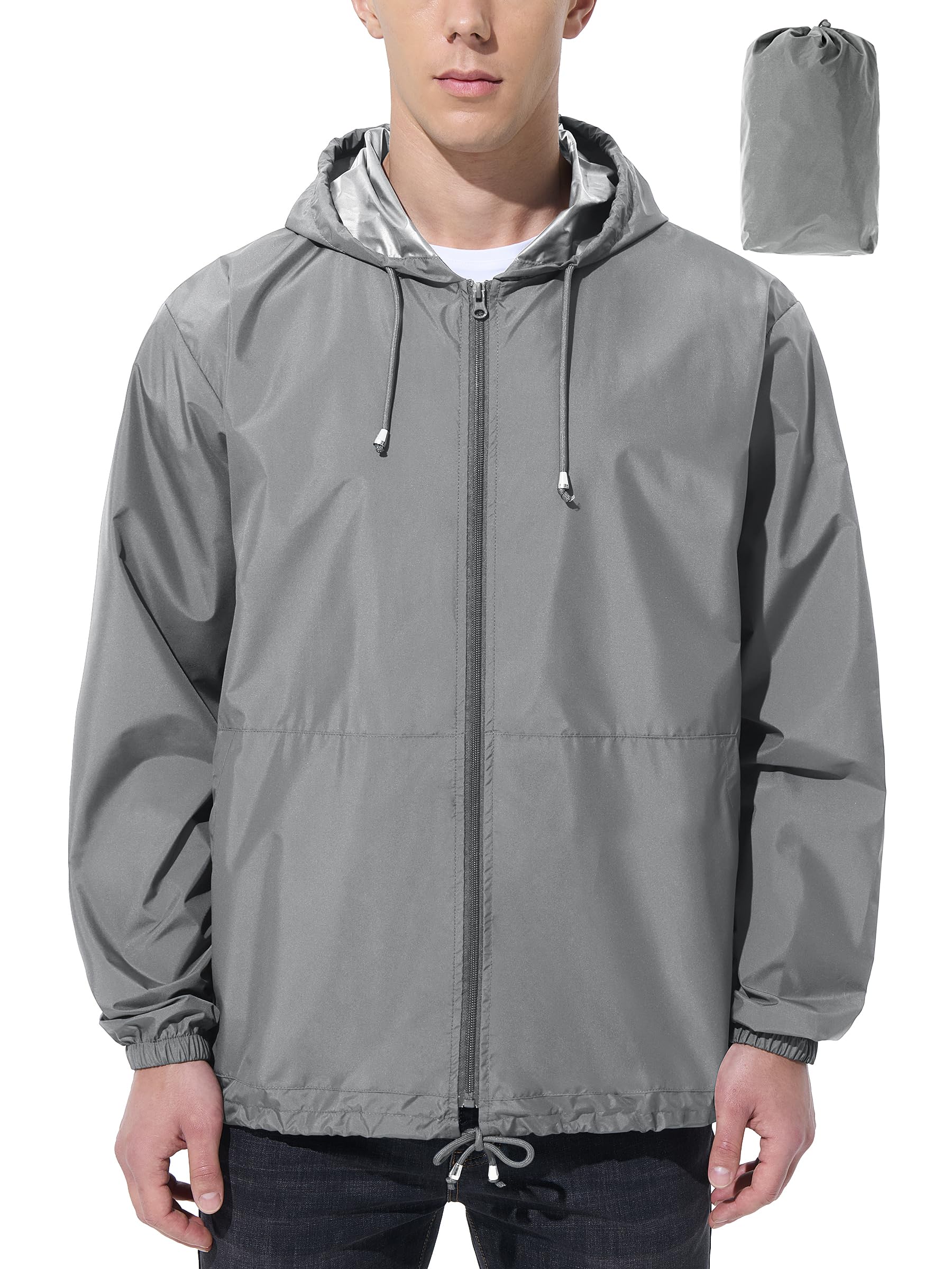UIQUR Men Waterproof Raincoat Windbreaker Lightweight Packable Rain Jacket - Grey