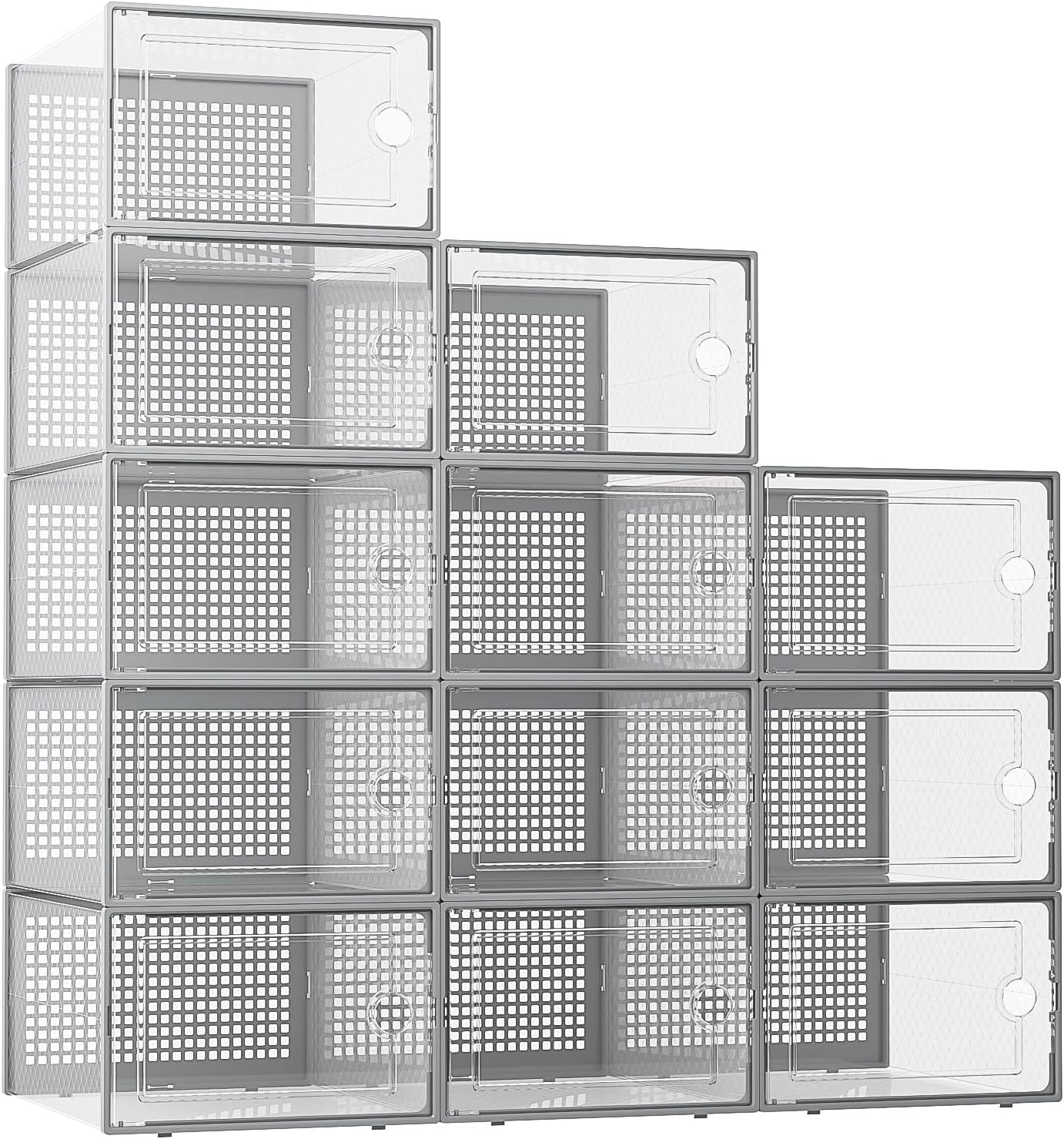 Large Shoe Storage Boxes Organizers Clear Plastic Stackable 12 Pack, Shoe Rack & Holder Substitute, Sneaker Containers, Toy Storage Organizer Bins for Entryway, Closet, Under Bed, Black