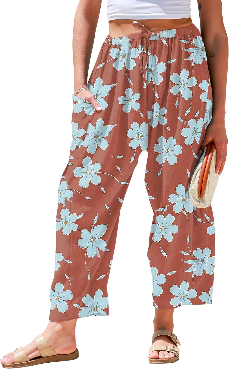 Womens Linen Wide Leg Pants Casual Loose Drawstring Low Waist Beach Palazzo Harem Pants with Pockets
