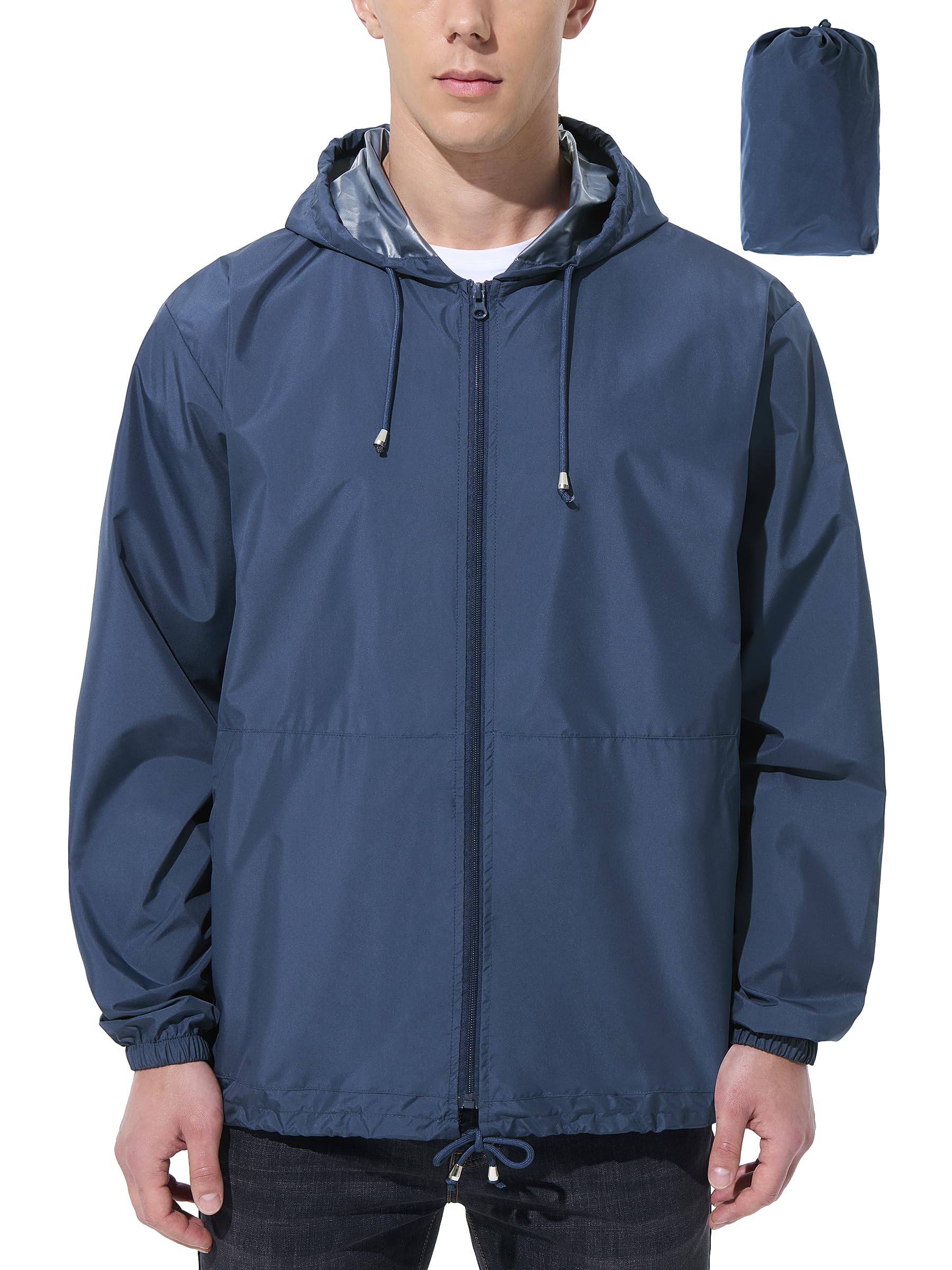 UIQUR Men Waterproof Raincoat Windbreaker Lightweight Packable Rain Jacket - Navy Blue