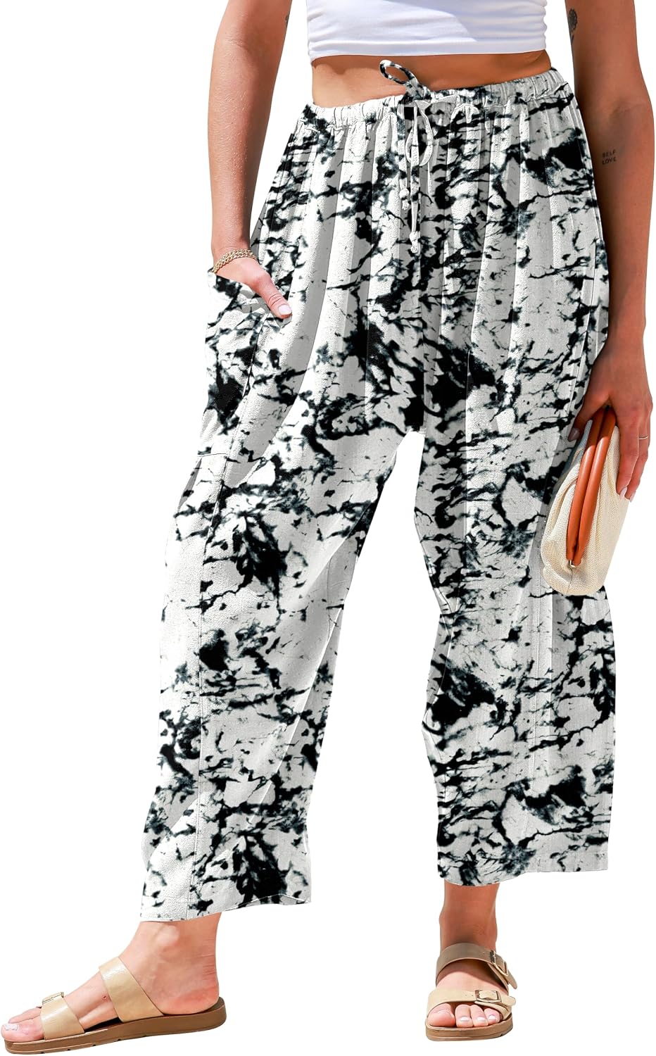 Womens Linen Wide Leg Pants Casual Loose Drawstring Low Waist Beach Palazzo Harem Pants with Pockets