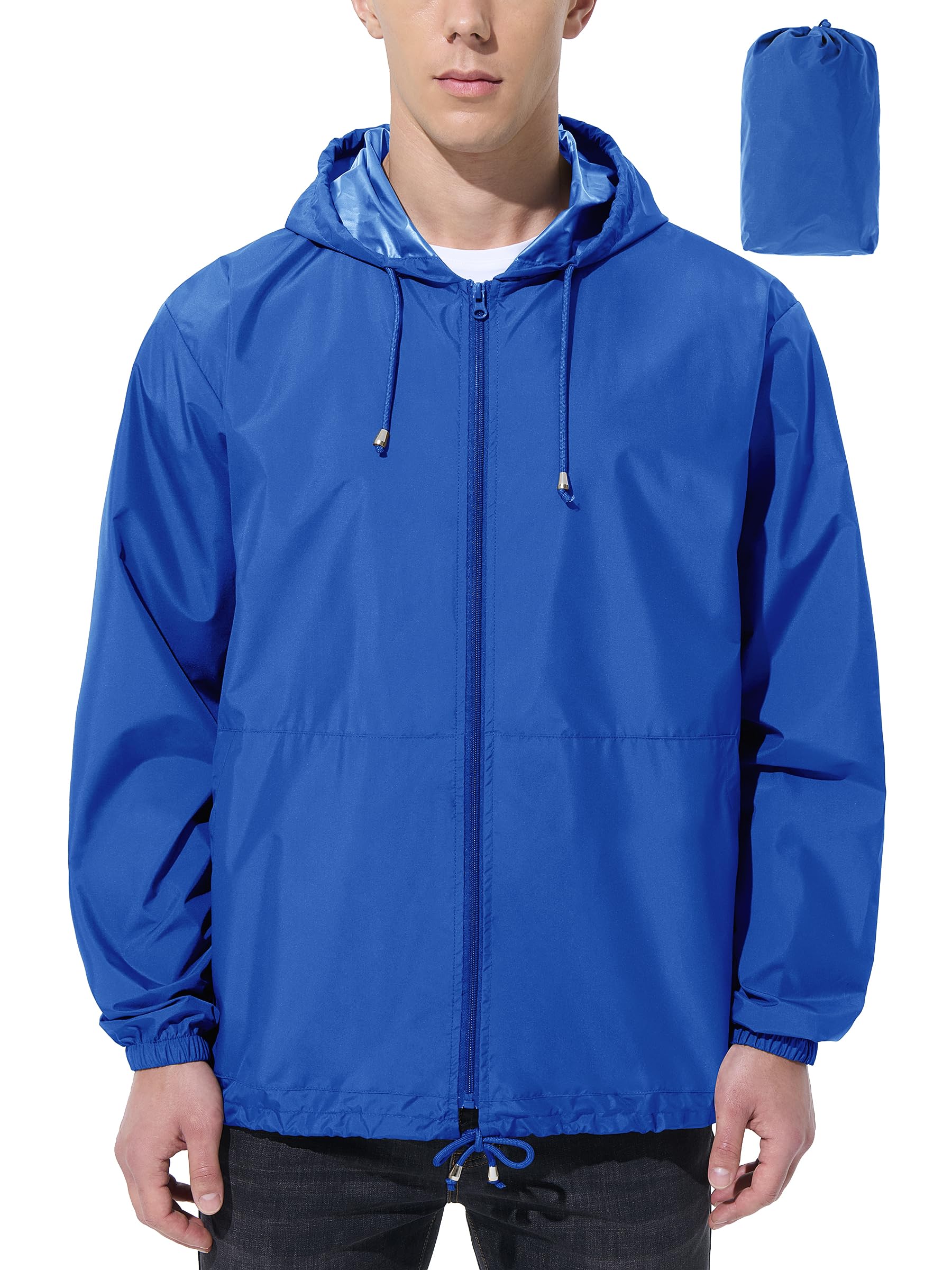UIQUR Men Waterproof Raincoat Windbreaker Lightweight Packable Rain Jacket - Royal Blue