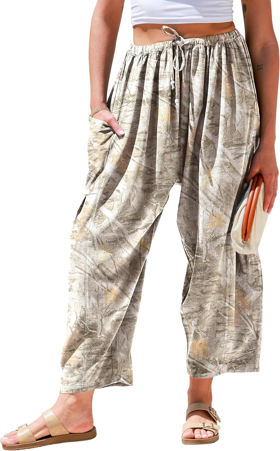 Womens Linen Wide Leg Pants Casual Loose Drawstring Low Waist Beach Palazzo Harem Pants with Pockets