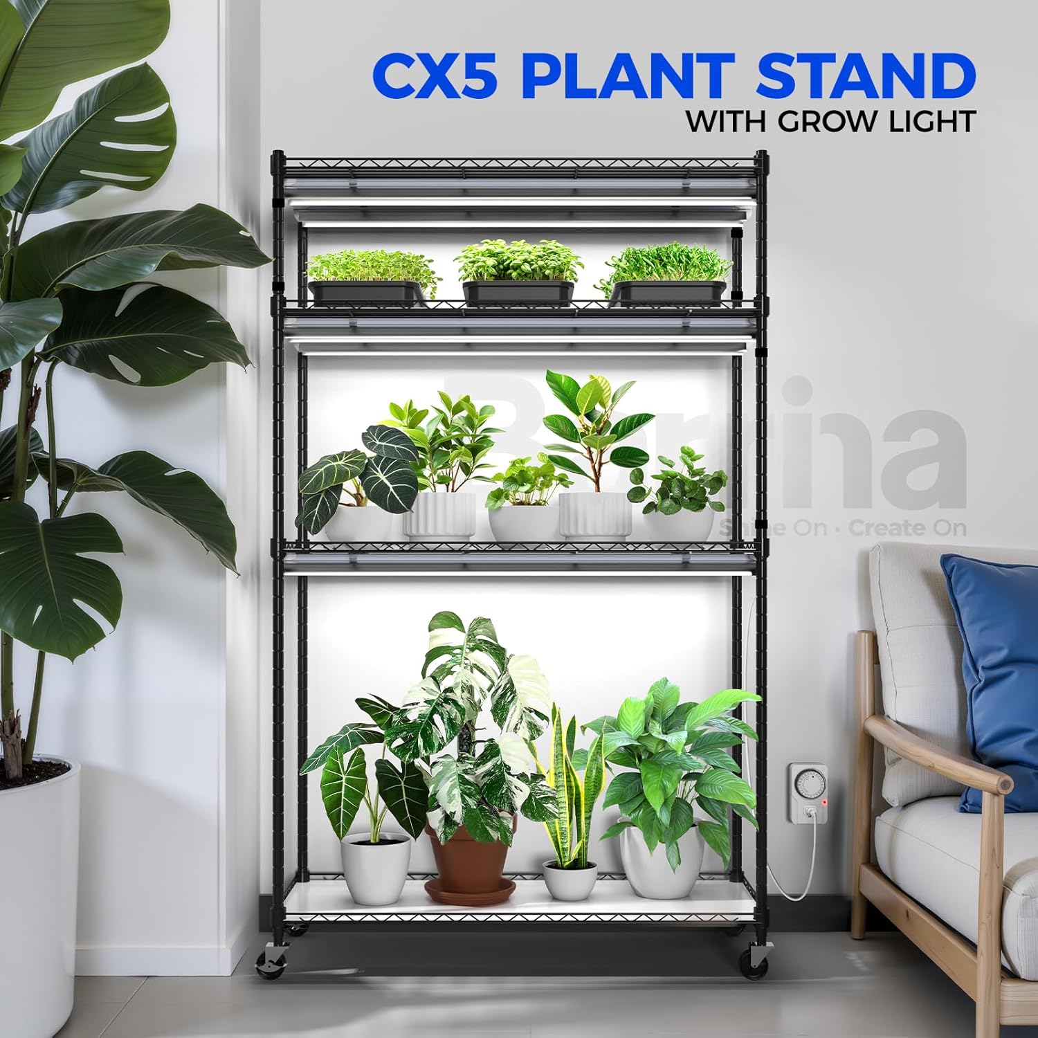 Mini Greenhouse with LED Grow Light for Indoor Plant, 4-Tier Portable Metal Plant Stand with Wheels, Plant Shelf with Tent, 6Pcs Plant Light with Timer and Thermo-Hygrometer, 35.4x13.8x59IN