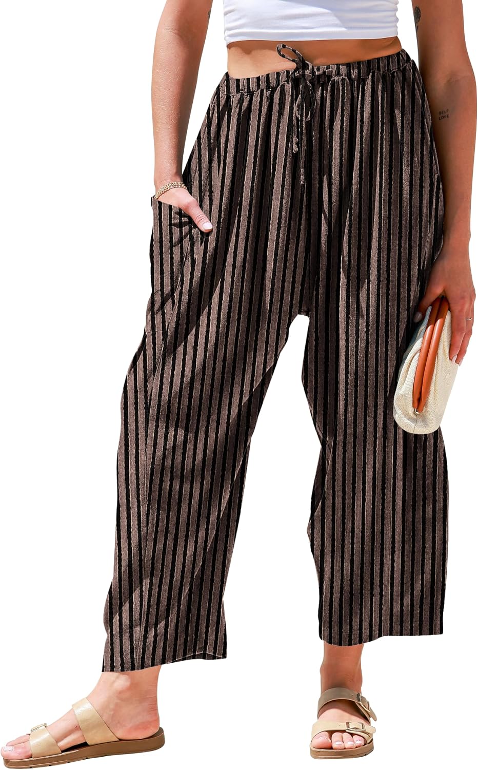 Womens Linen Wide Leg Pants Casual Loose Drawstring Low Waist Beach Palazzo Harem Pants with Pockets