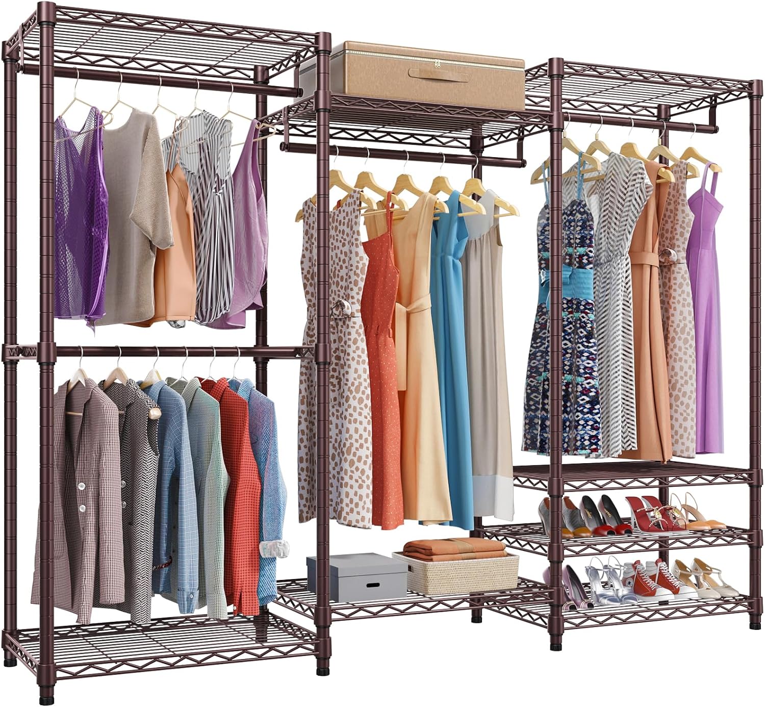 Portable Closet Wardrobe Heavy Duty Clothes Rack, with 4 Hang Rods & 8 Shelves, Adjustable Closet Racks, 68.9" L x 15.7" W x 76.4" H, Max Load 890LBS, Black