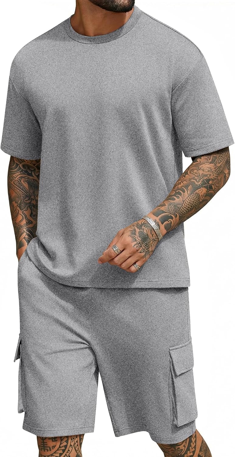 Men's Shirt and Shorts Set 2 Piece Fashion Summer Tracksuits Cotton Oversized T-Shirts Cargo Shorts Outfits
