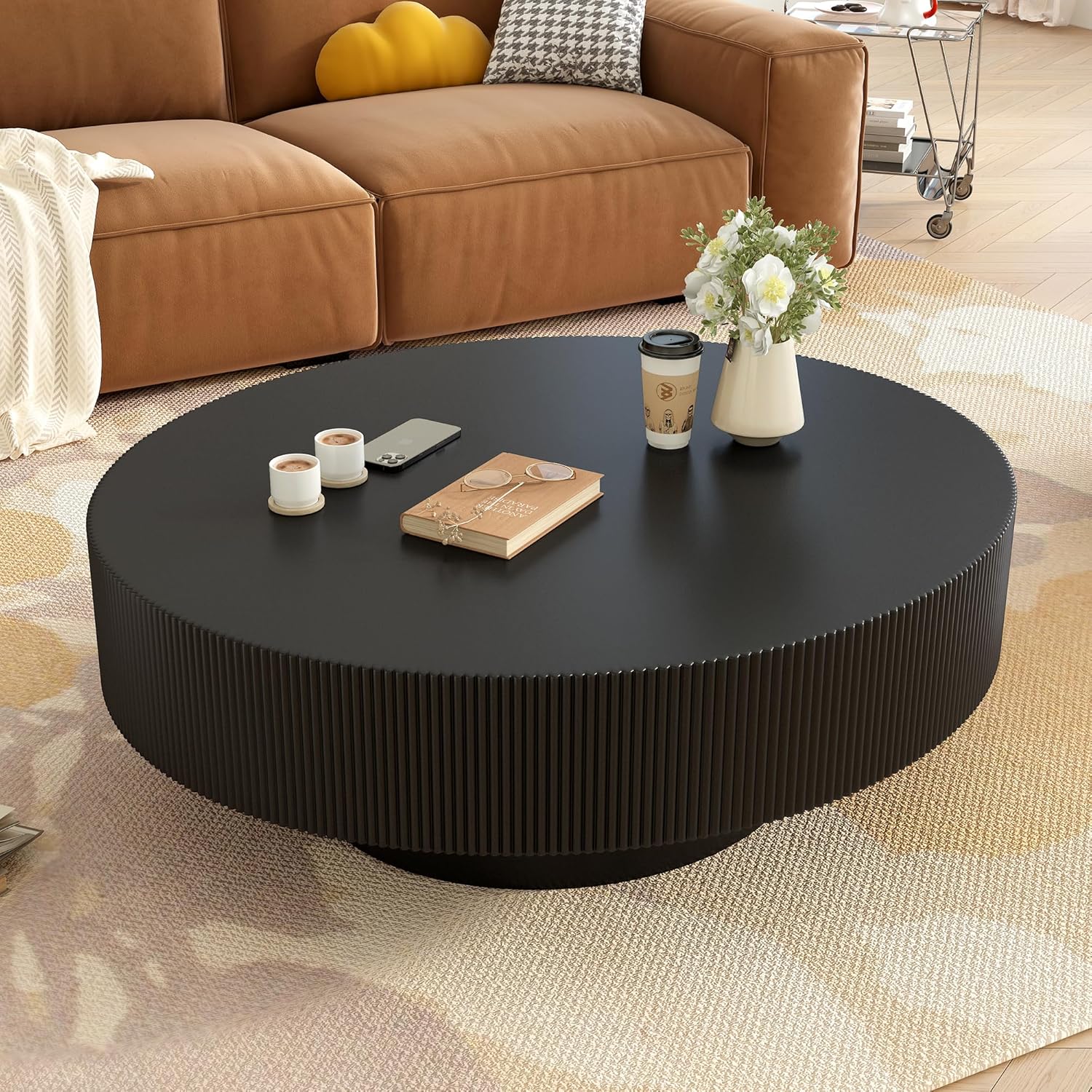Nesting Coffee Table Set of 2, Round & Crescent Moon Wooden Coffee Tables, Modern Luxury Accent End Tea Table for Living Room Apartment (Black-Round)