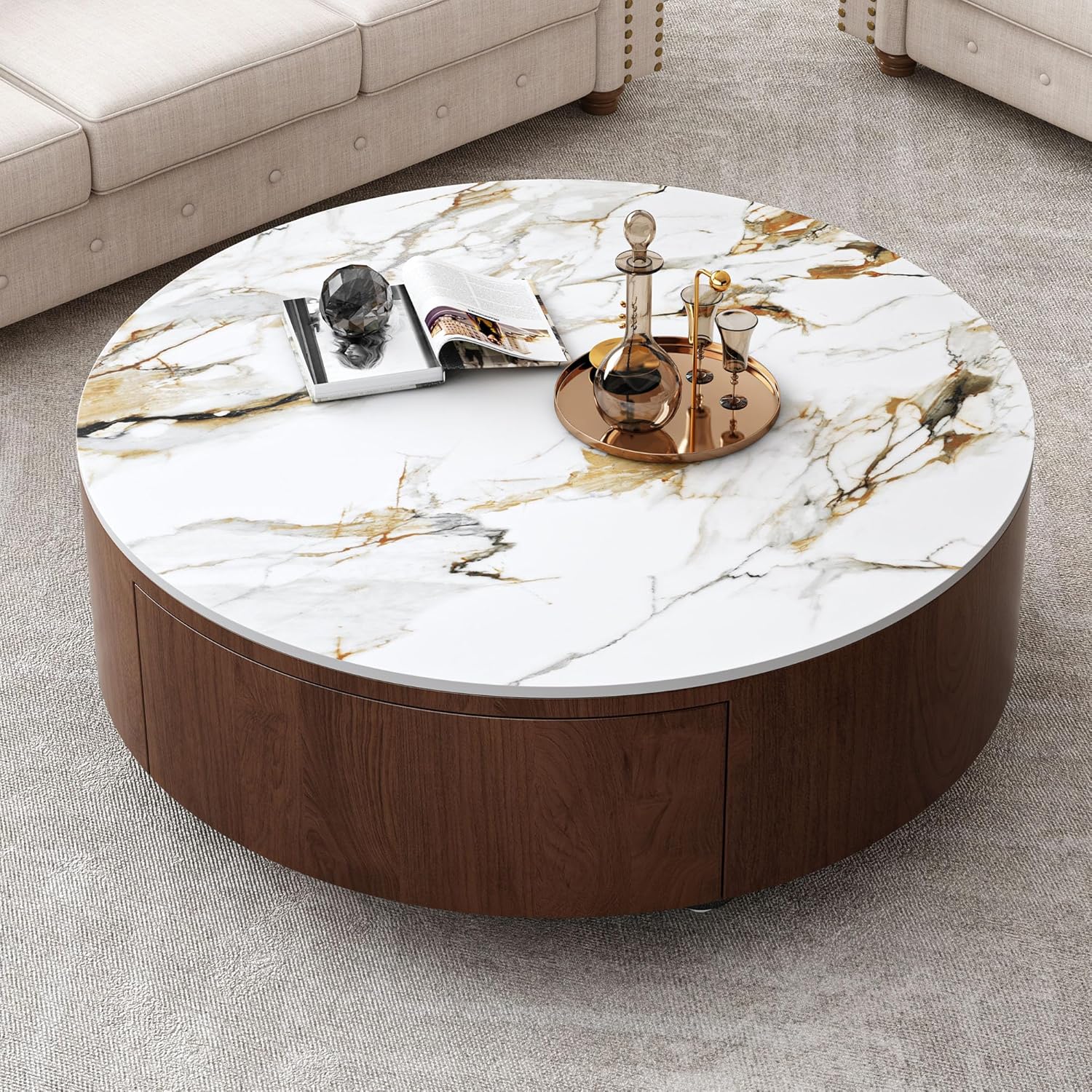Nesting Coffee Table Set of 2, Round & Crescent Moon Wooden Coffee Tables, Modern Luxury Accent End Tea Table for Living Room Apartment (Black-Round)