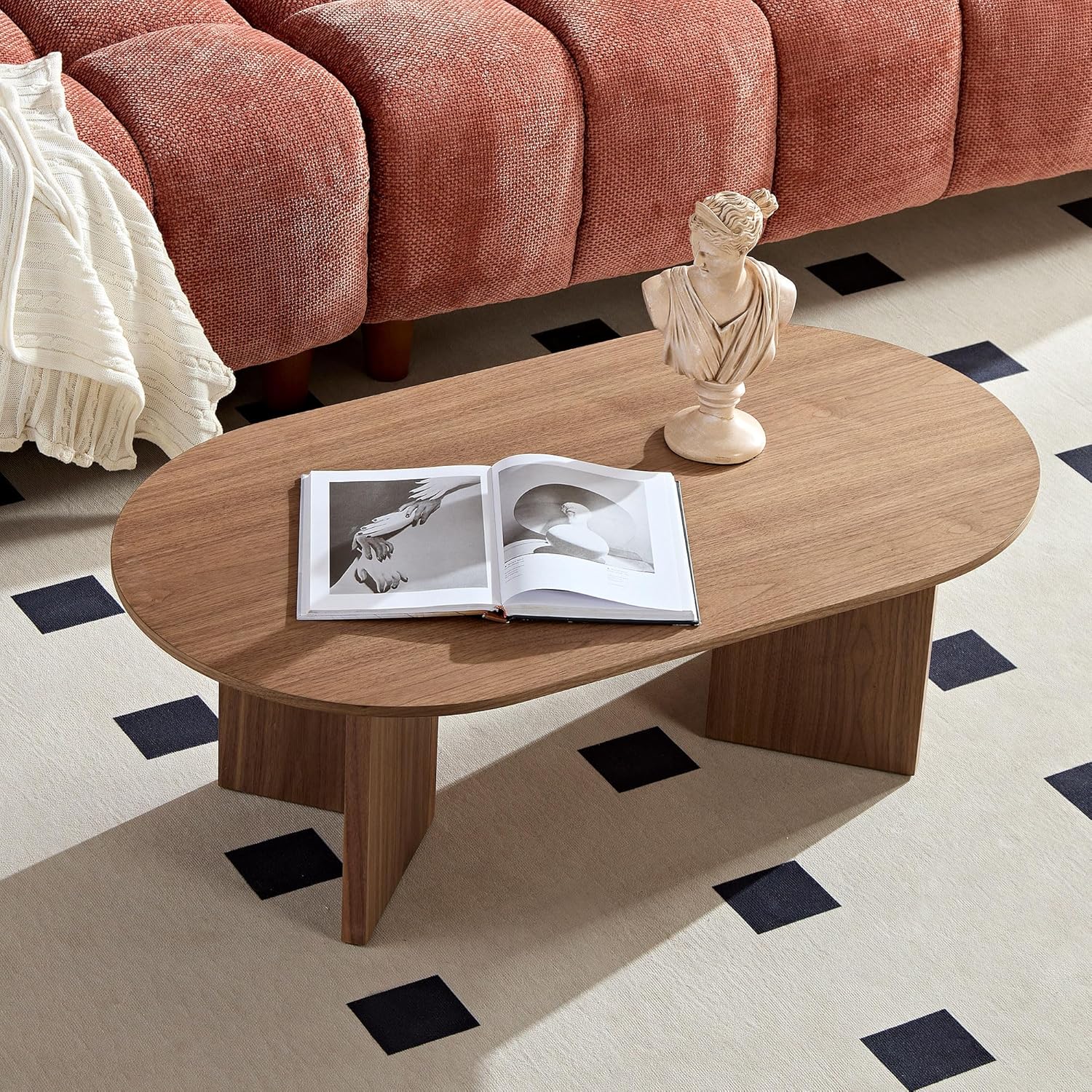 Nesting Coffee Table Set of 2, Round & Crescent Moon Wooden Coffee Tables, Modern Luxury Accent End Tea Table for Living Room Apartment (Black-Round)