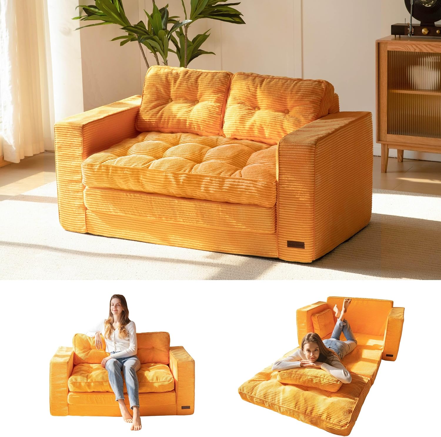  Convertible Sofa Bed, Pull Out Loveseat Sleeper Sofa, 2 in 1 Folding Couch Bed, Fold Out Floor Couch with Pillows for Living Room Bedroom Lounge, Beige