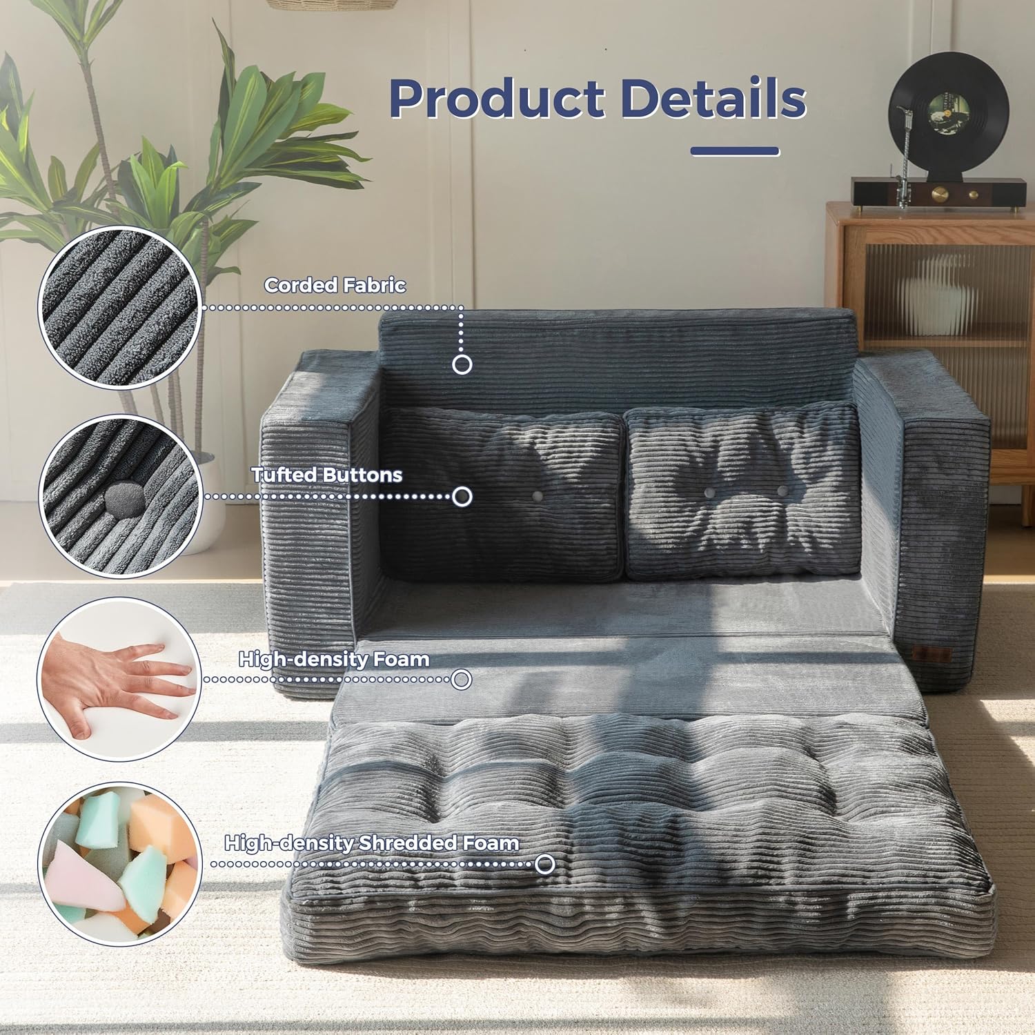  Convertible Sofa Bed, Pull Out Loveseat Sleeper Sofa, 2 in 1 Folding Couch Bed, Fold Out Floor Couch with Pillows for Living Room Bedroom Lounge, Beige