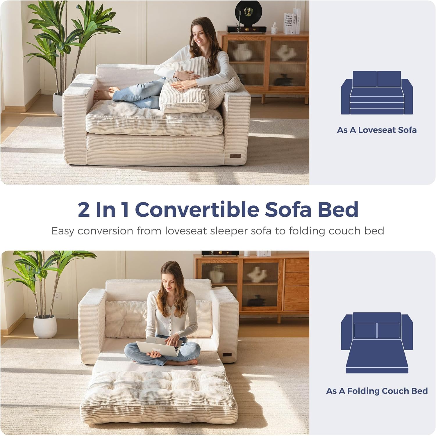  Convertible Sofa Bed, Pull Out Loveseat Sleeper Sofa, 2 in 1 Folding Couch Bed, Fold Out Floor Couch with Pillows for Living Room Bedroom Lounge, Beige