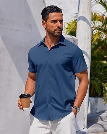 Men's Cotton Linen Short Sleeve Button Down Shirt description image 6