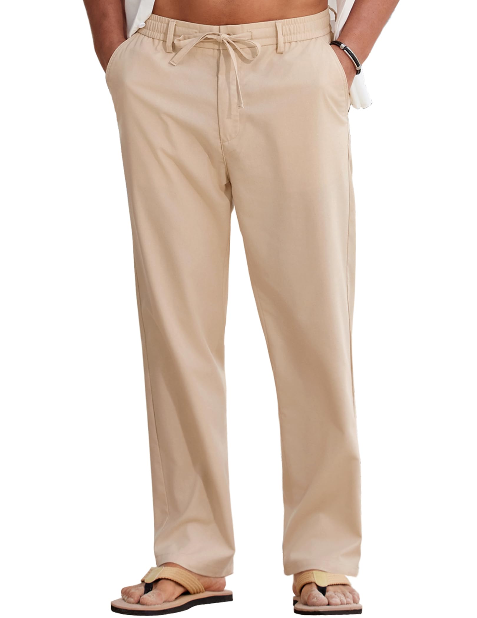 COOFANDY Men Cotton Linen Drawstring Pants Casual Lightweight Summer Beach Pants - Light Khaki