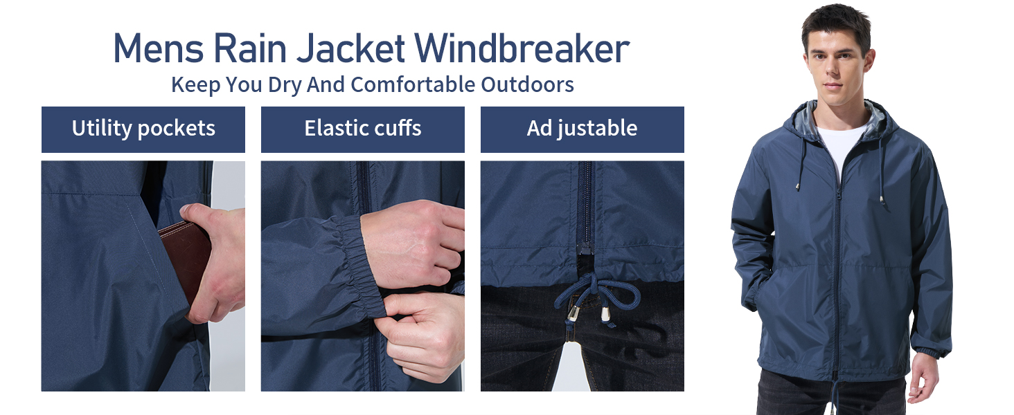 UIQUR Men Waterproof Raincoat Windbreaker Lightweight Packable Rain Jacket detail 24