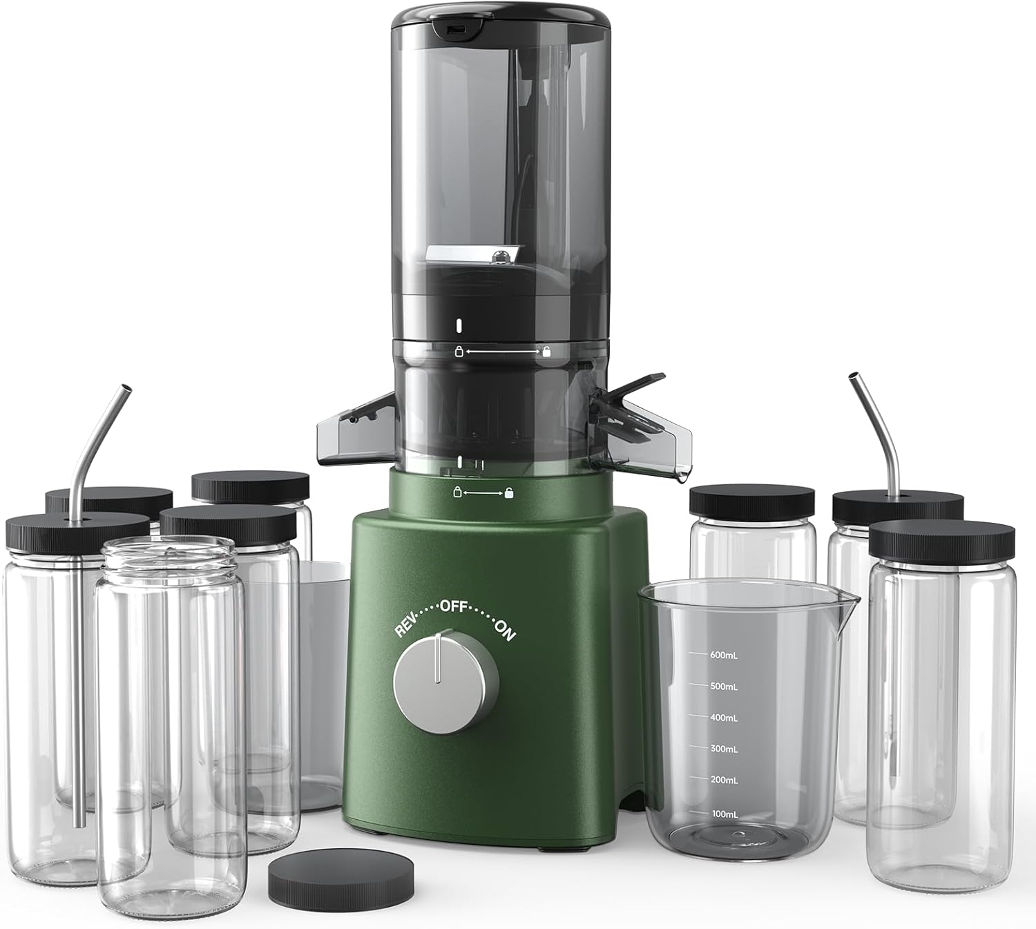 Cold Press Juicer with 8 Juice Bottles - Masticating Juicer Machines for Fruits and Veggies, 4.25" Large Feed Chute, Easy to Clean