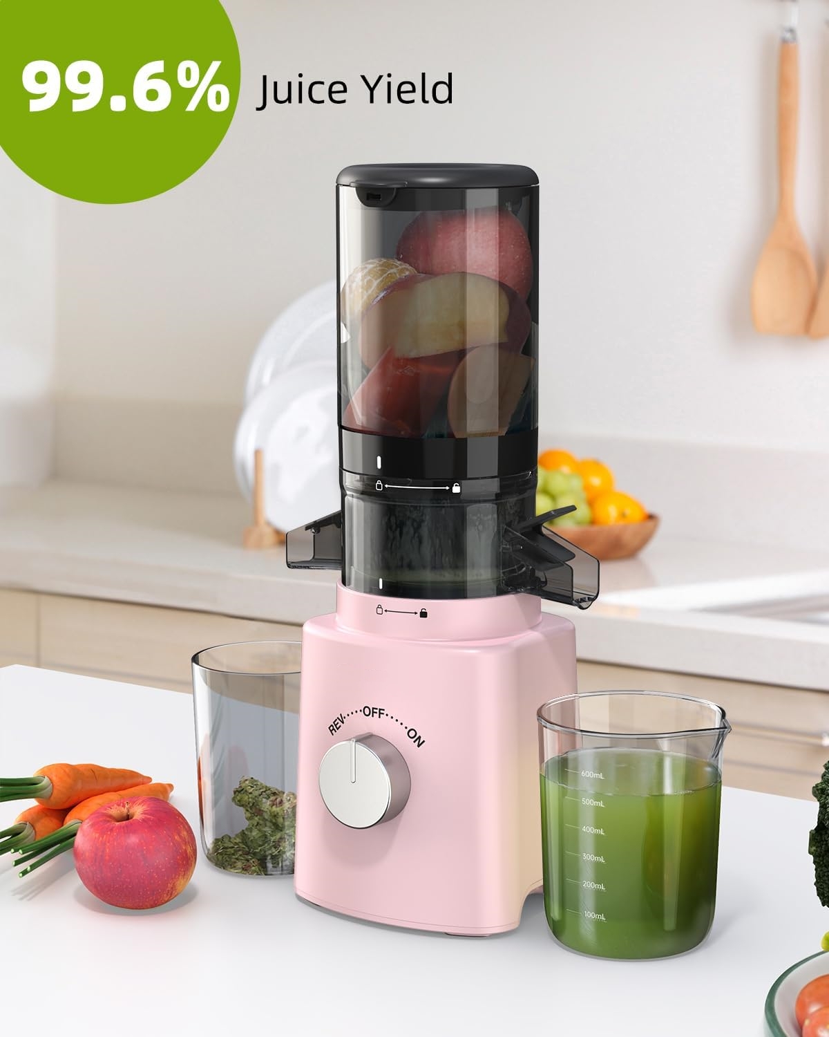 Cold Press Juicer with 8 Juice Bottles - Masticating Juicer Machines for Fruits and Veggies, 4.25" Large Feed Chute, Easy to Clean