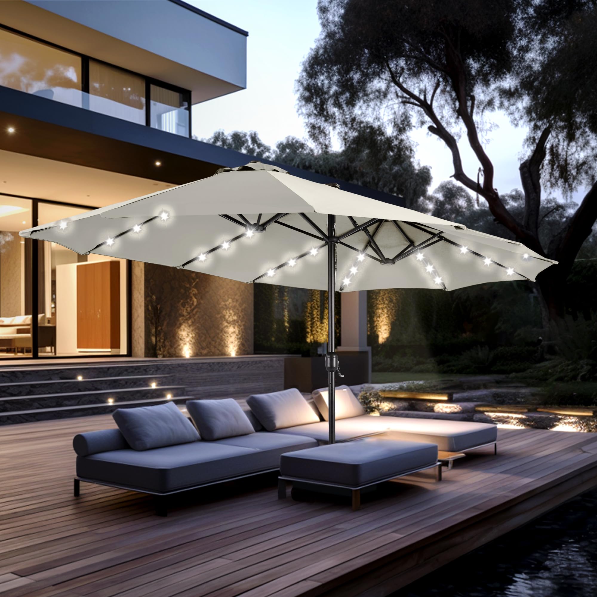 🔥🔥Limited Time Offer🔥🔥 15 ft Extra Large Patio Umbrella with 36 LED Lights, Metal Construction, Includes Base