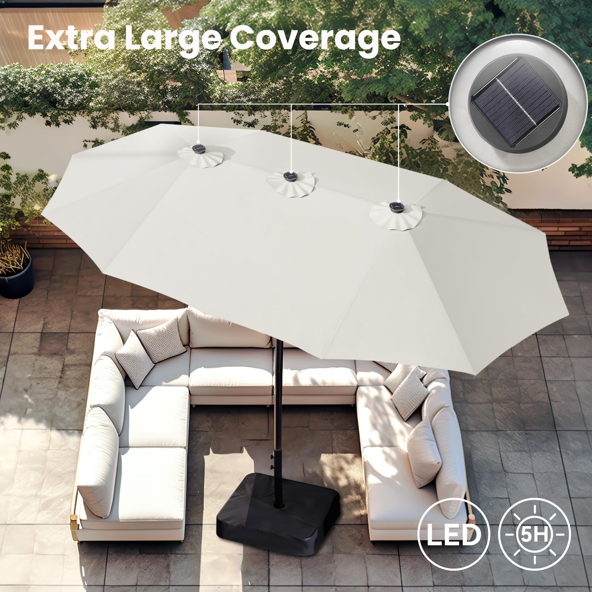 🔥🔥Limited Time Offer🔥🔥 15 ft Extra Large Patio Umbrella with 36 LED Lights, Metal Construction, Includes Base