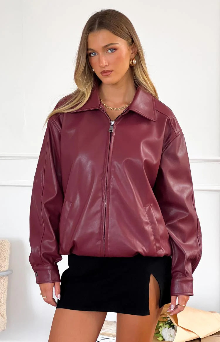 Abbi PU Bomber Jacket in Red