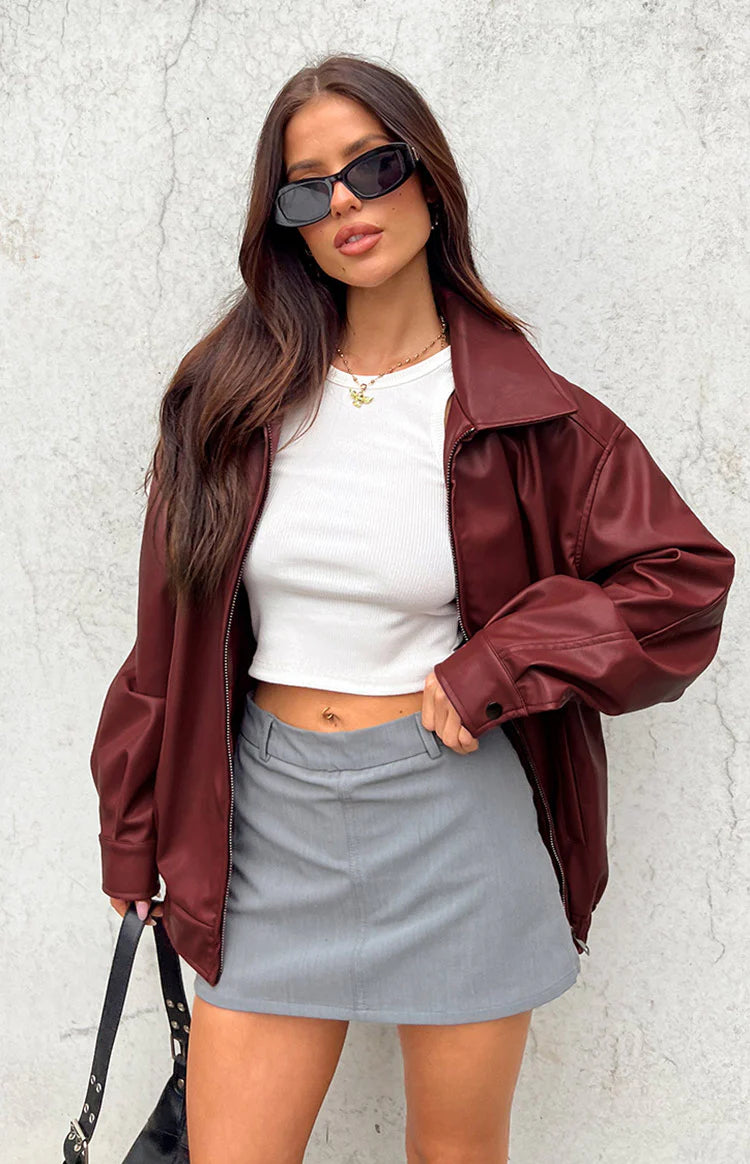 Abbi PU Bomber Jacket in Red