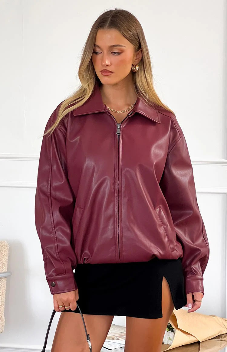 Abbi PU Bomber Jacket in Red