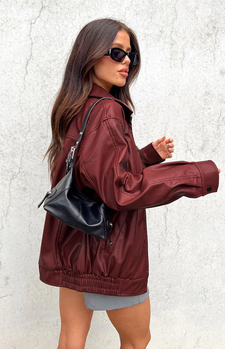 Abbi PU Bomber Jacket in Red