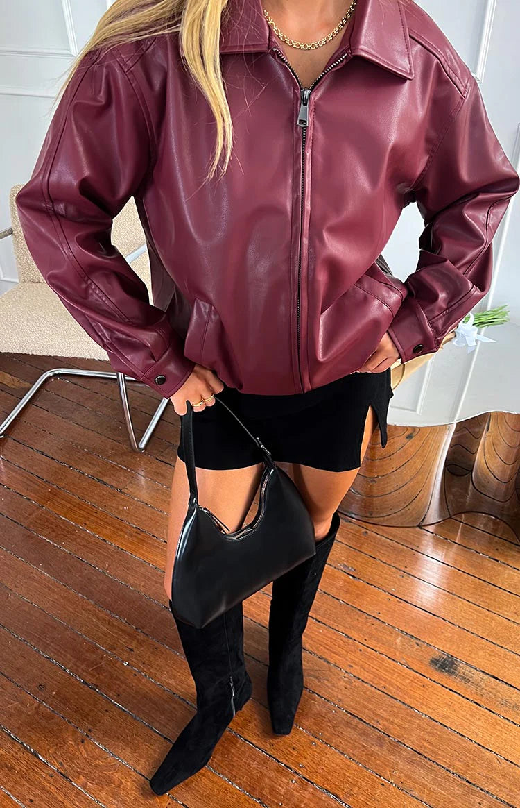 Abbi PU Bomber Jacket in Red