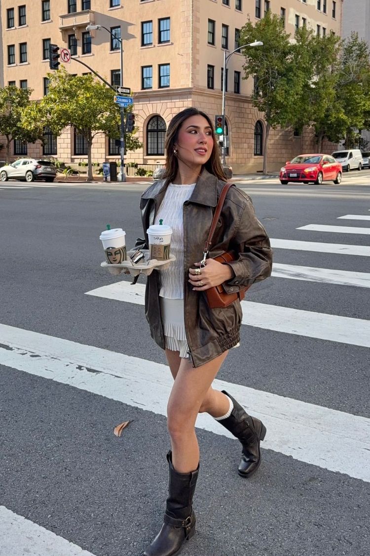 Abbi PU Bomber Jacket in Vintage Brown